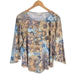 Fashion Bug Y2K Asymmetrical Blue Paisley Top Size L Boho Fairy 3/4 Flare Sleeve